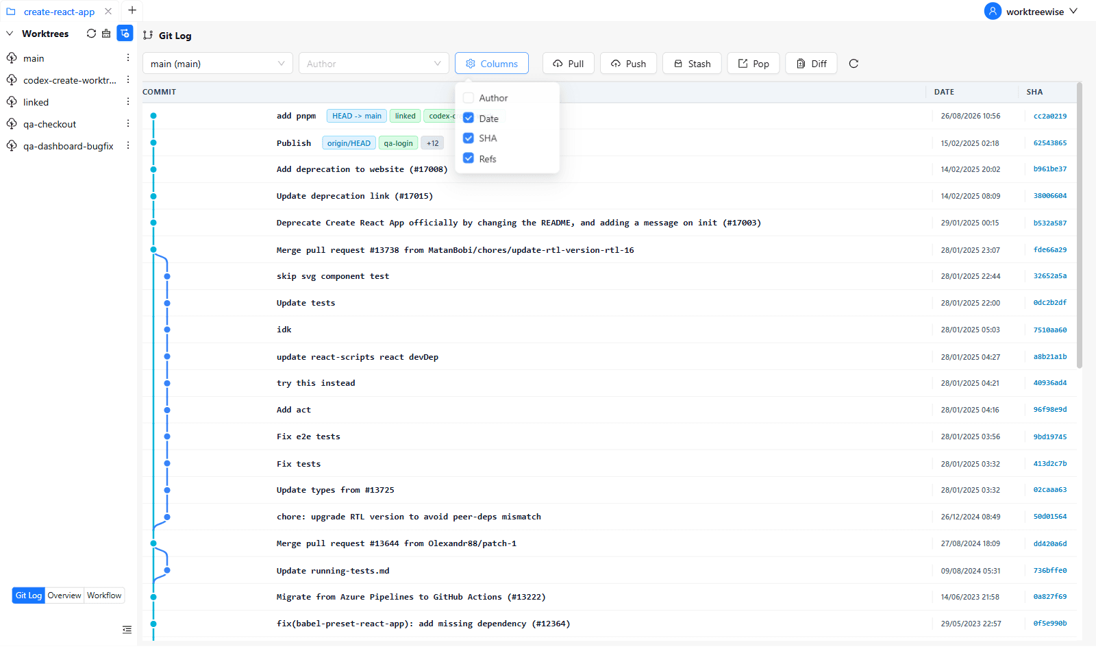 Git Log column controls with Author disabled