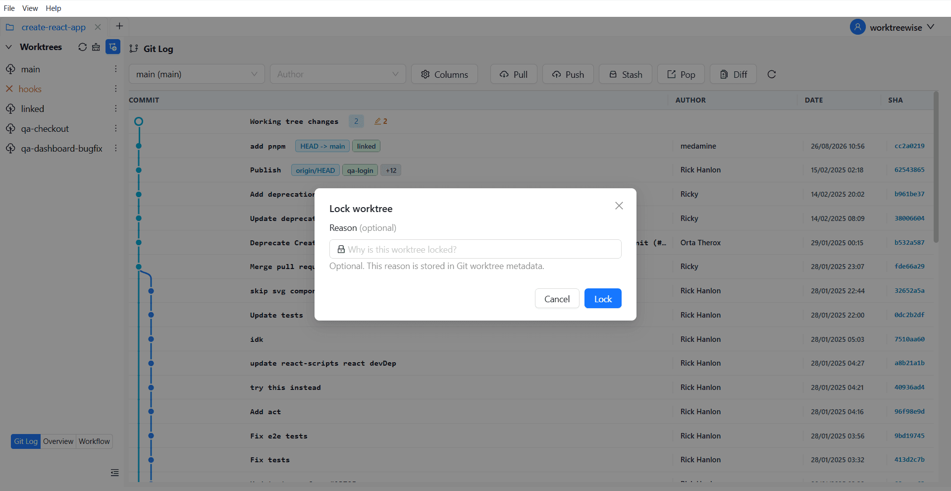 Lock Worktree with a reason