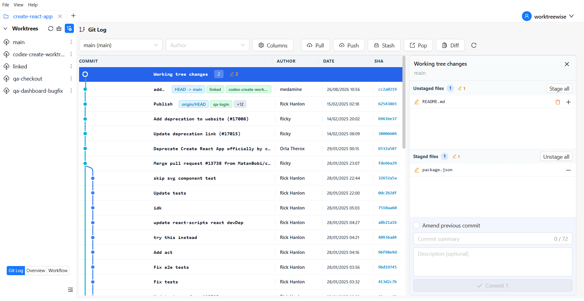 Working tree changes and commit panel