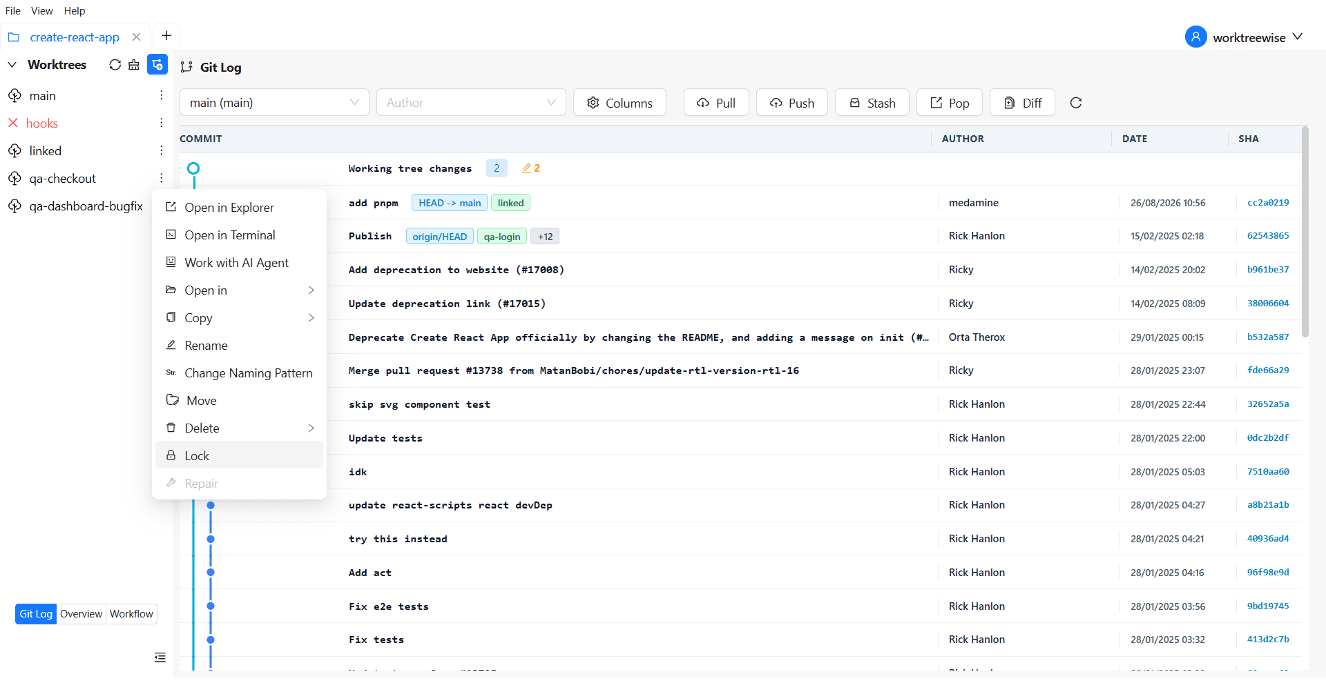 Lock action in the worktree menu