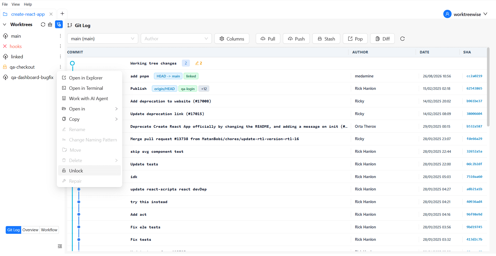 Unlock action for a locked worktree