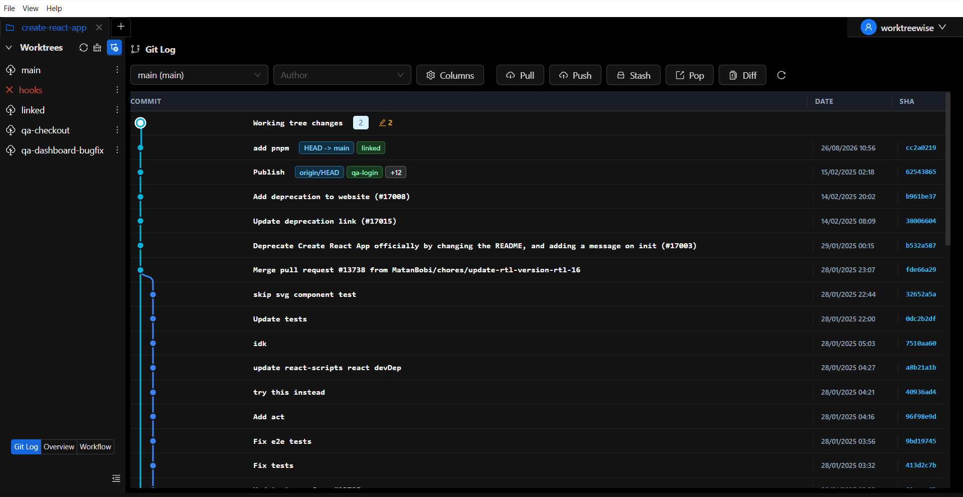 WorktreeWise in dark mode