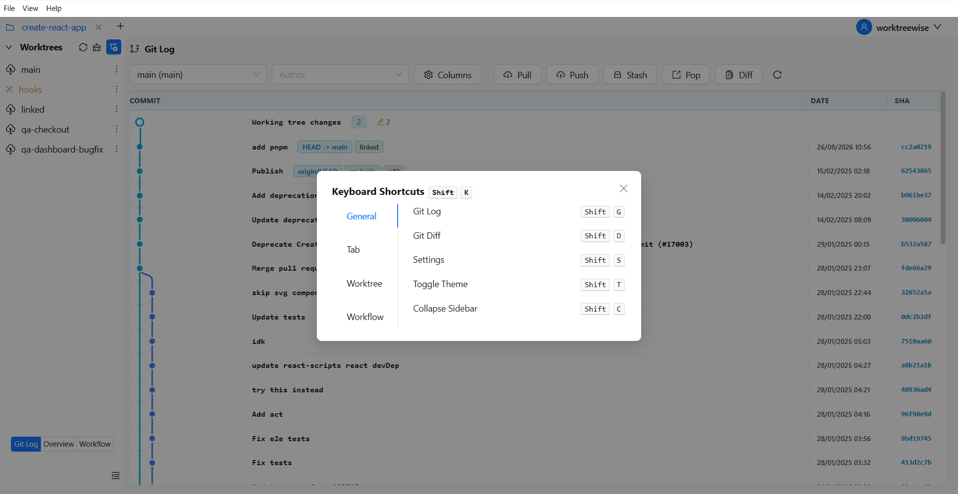 Keyboard Shortcuts reference dialog
