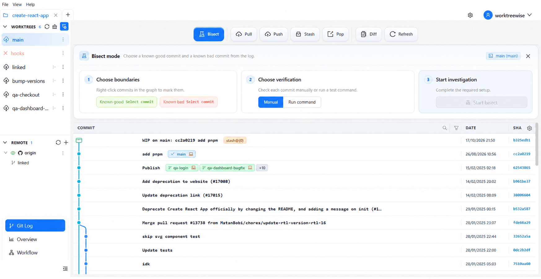 Git Bisect setup with boundary and verification controls