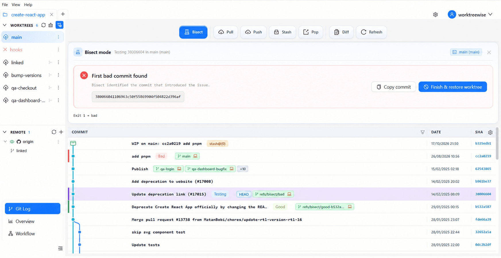 Git Bisect result showing the first bad commit and restore action