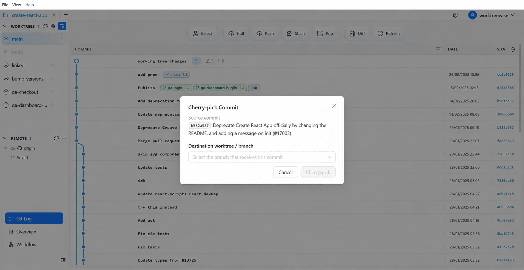 Cherry-pick dialog showing the selected commit and destination worktree
