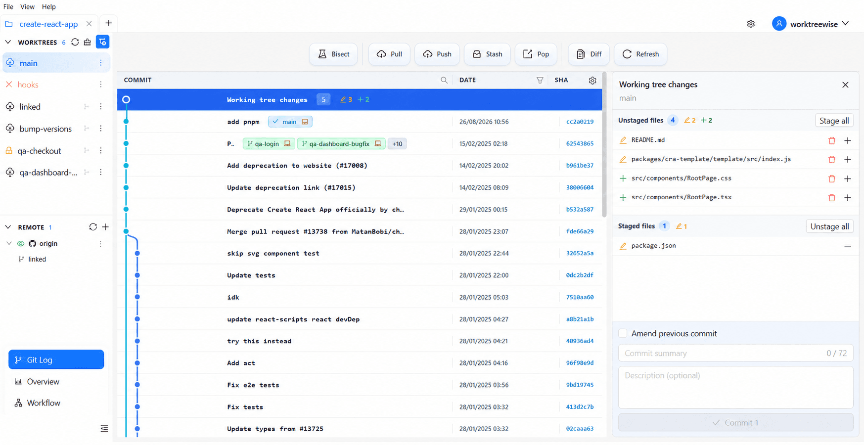 Working tree changes and commit panel