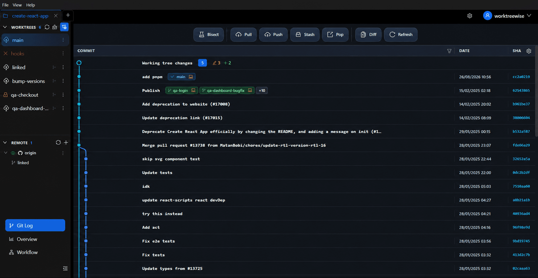 WorktreeWise in dark mode