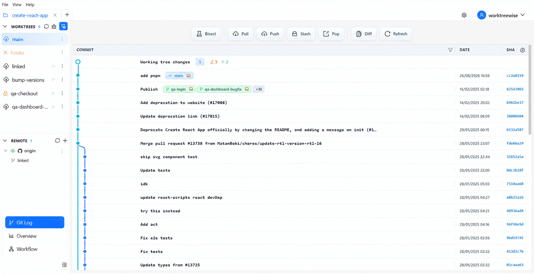 WorktreeWise 1.2.0 repository dashboard