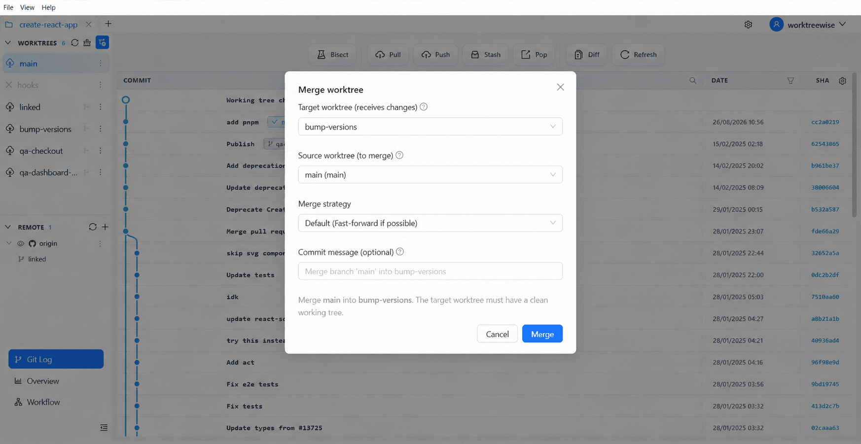 Merge dialog showing the source and destination worktrees before confirmation
