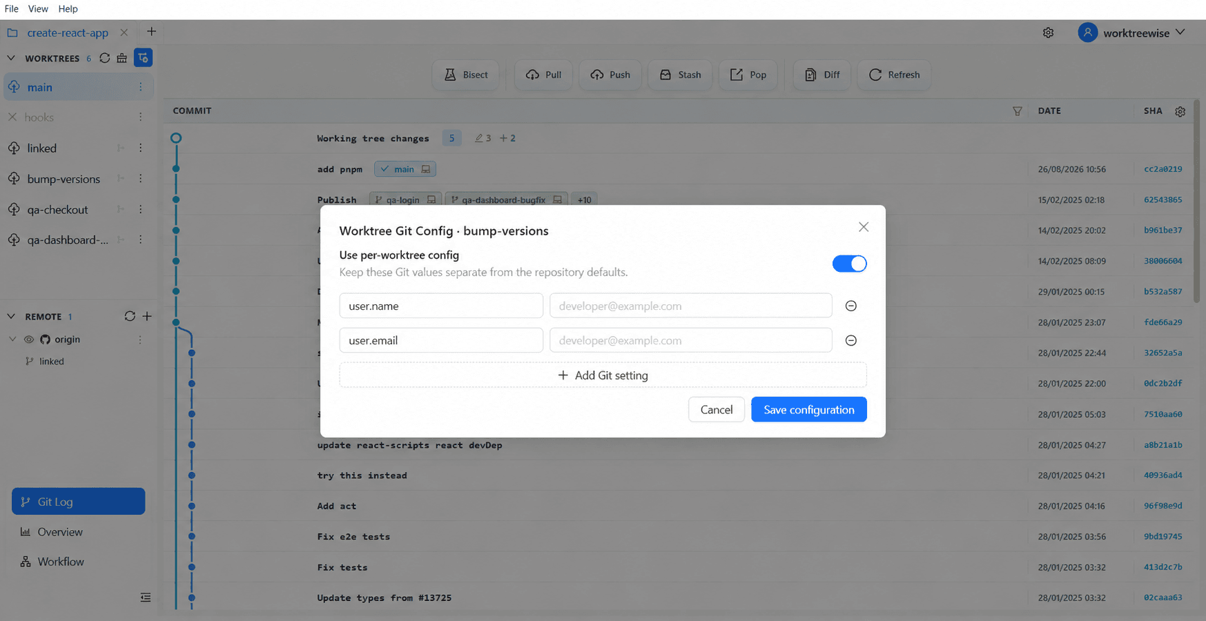 Per-worktree Git configuration editor with local keys and values