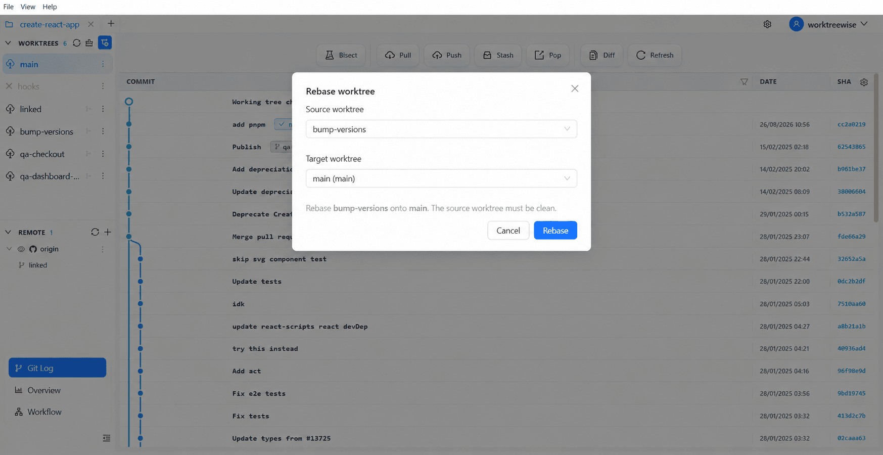 Rebase dialog showing the source worktree and target branch