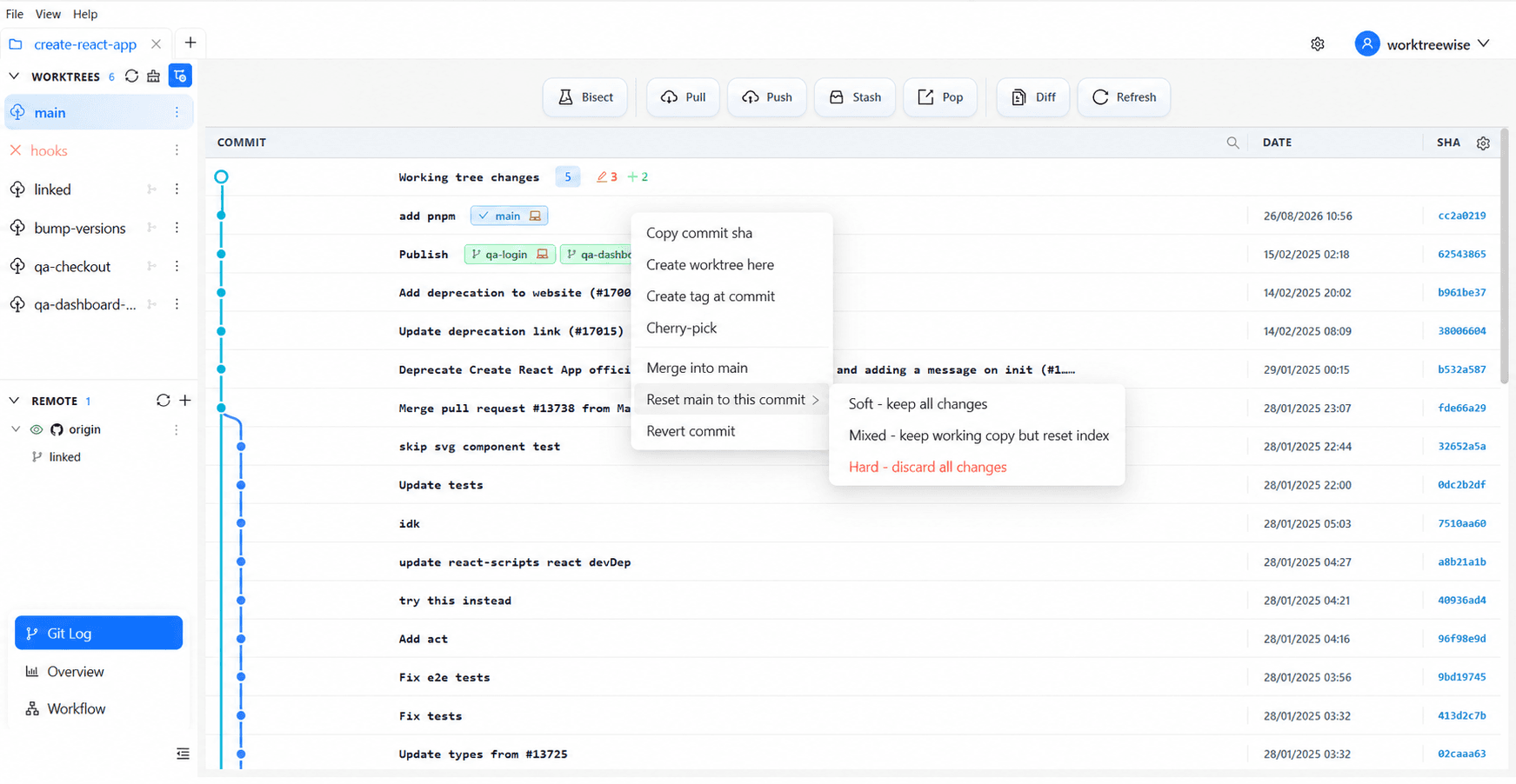 Reset commit action with soft, mixed, and hard modes