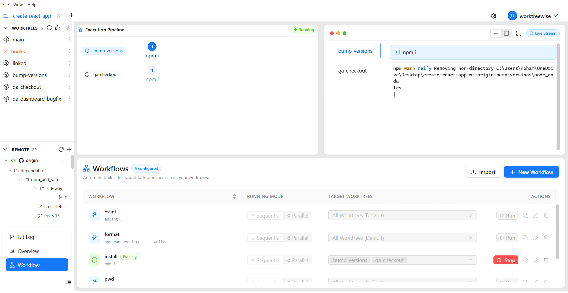 A workflow running across selected worktrees with live execution status and logs