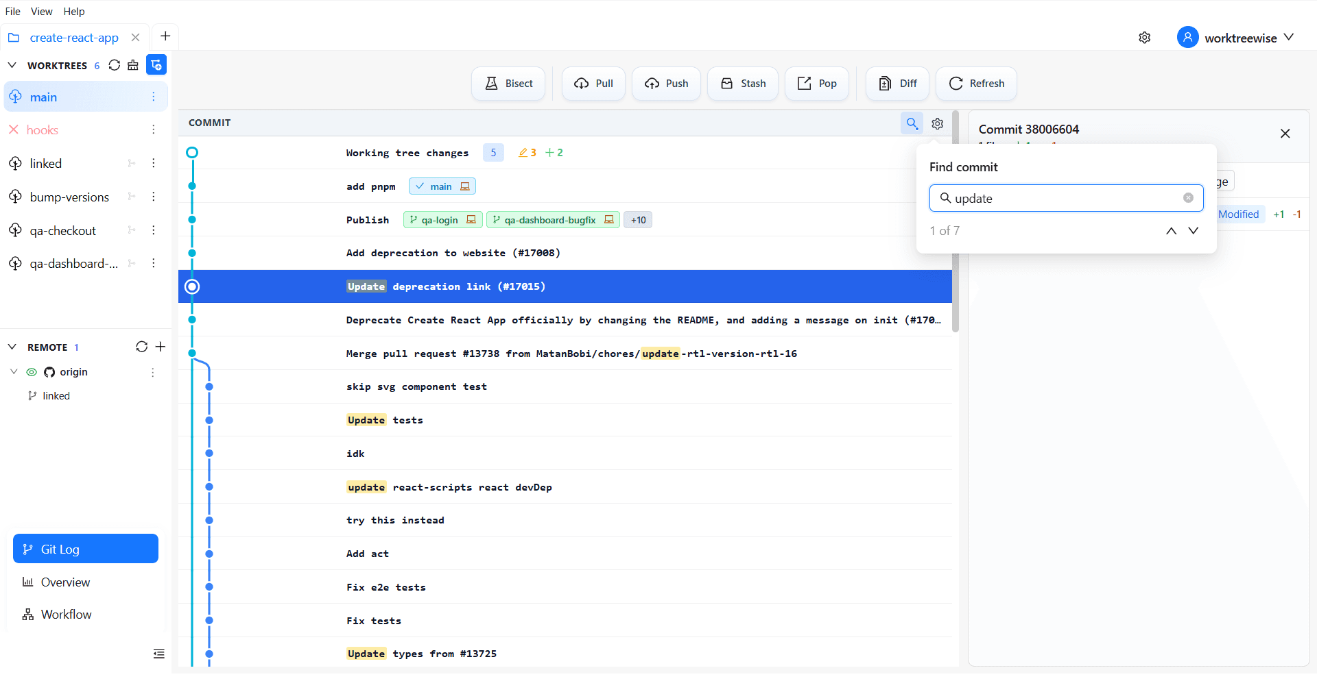 Search for a commit in Git Log