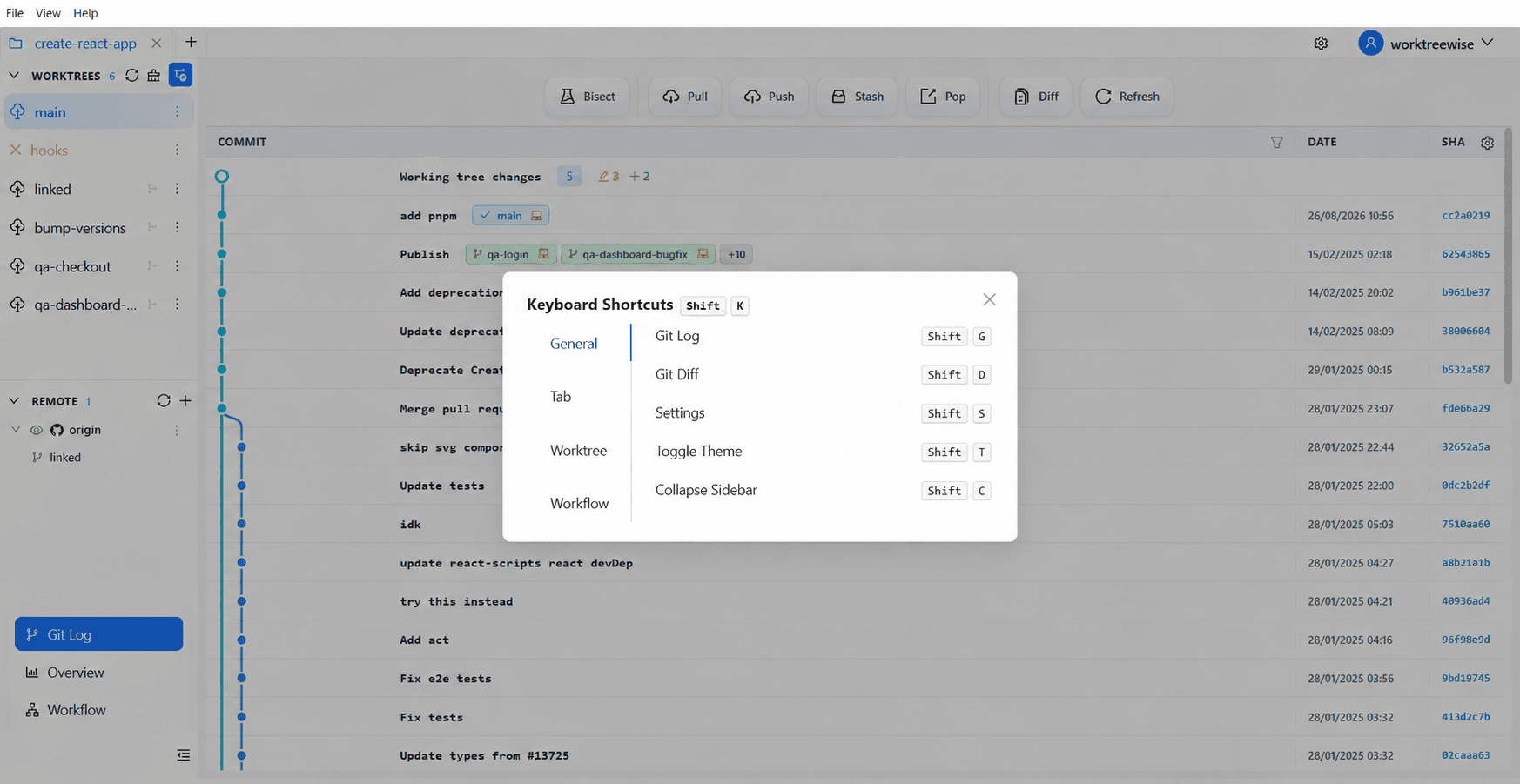 Keyboard Shortcuts reference dialog