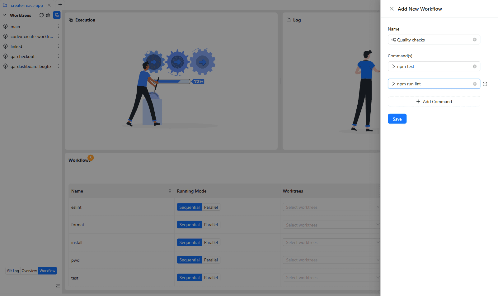A workflow configured with test and lint commands