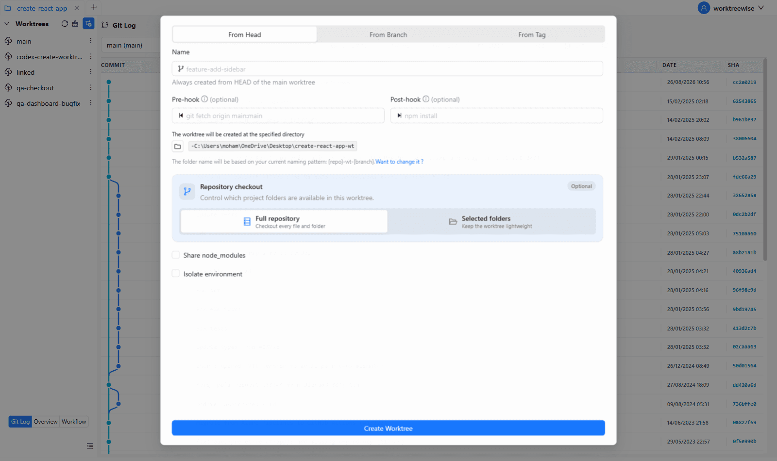 Create Worktree dialog