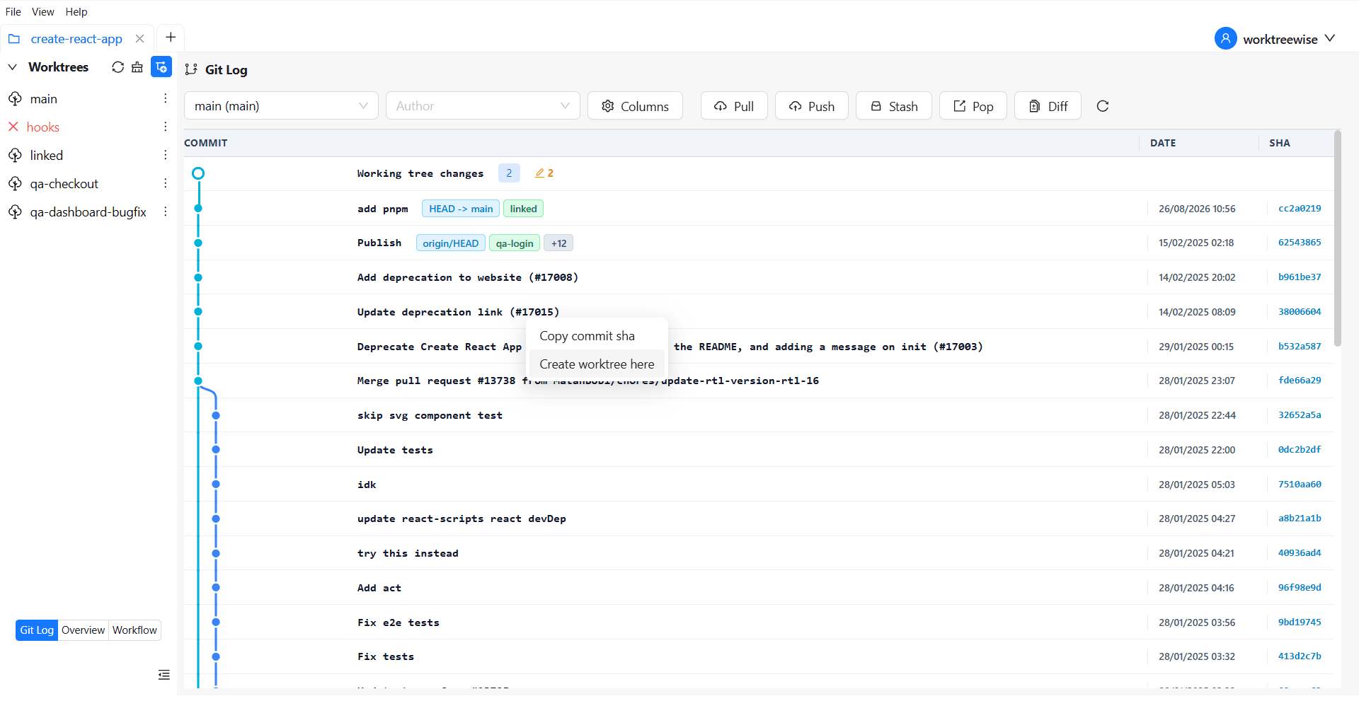 Create a worktree from a selected Git commit