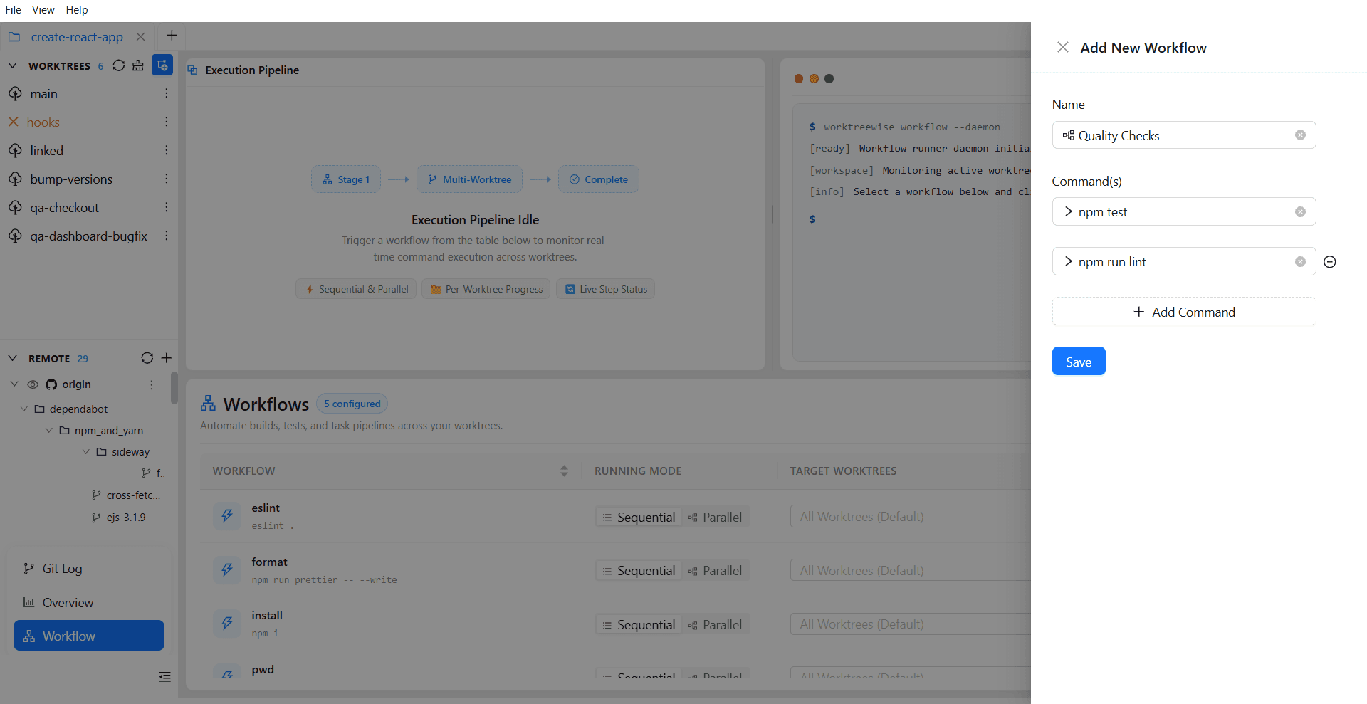A workflow configured with test and lint commands