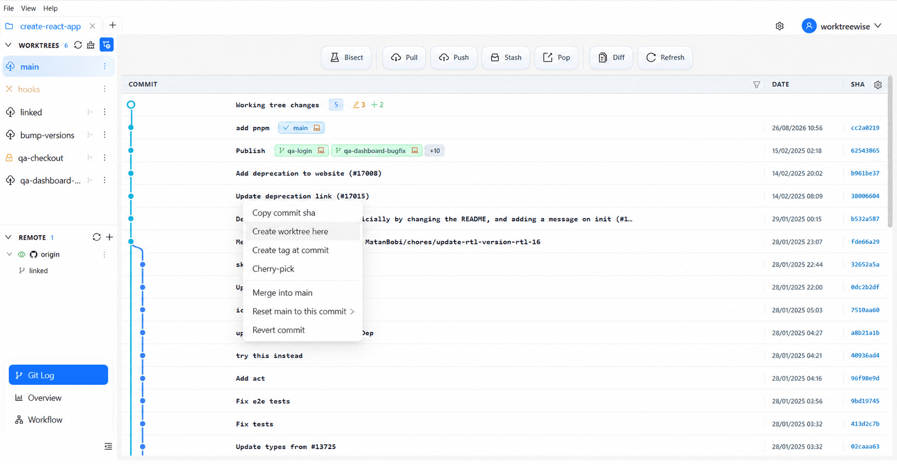 Create a worktree from a selected Git commit