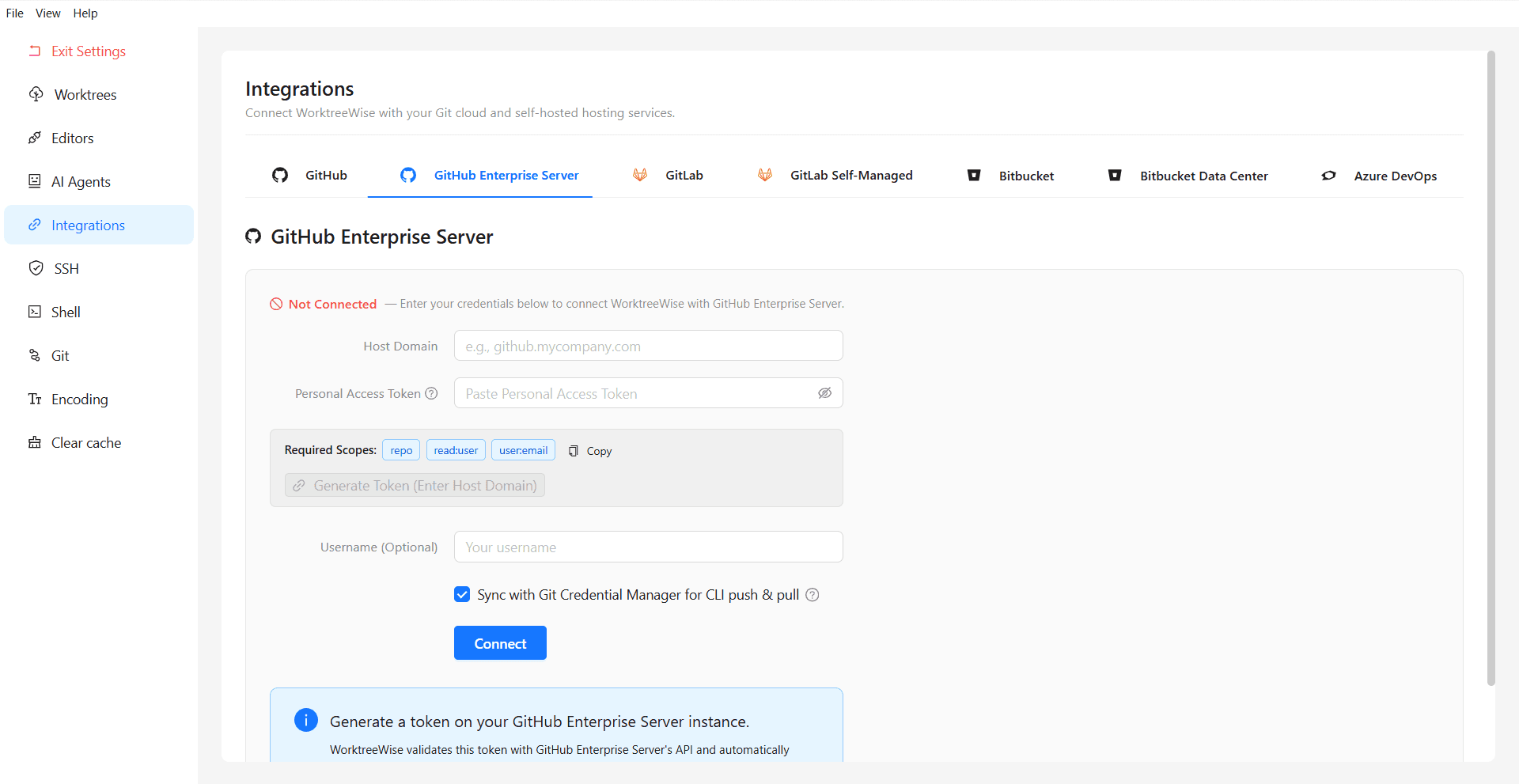 Integrations settings for configuring Git hosting providers