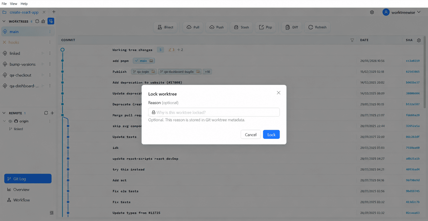 Lock Worktree with a reason
