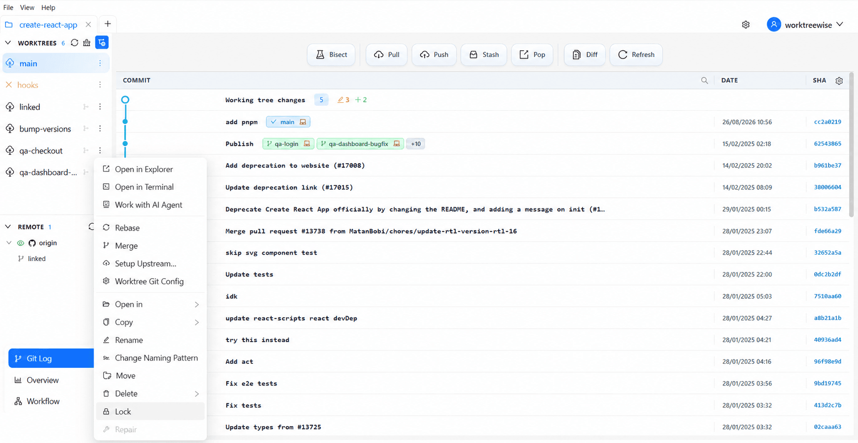 Lock action in the worktree menu
