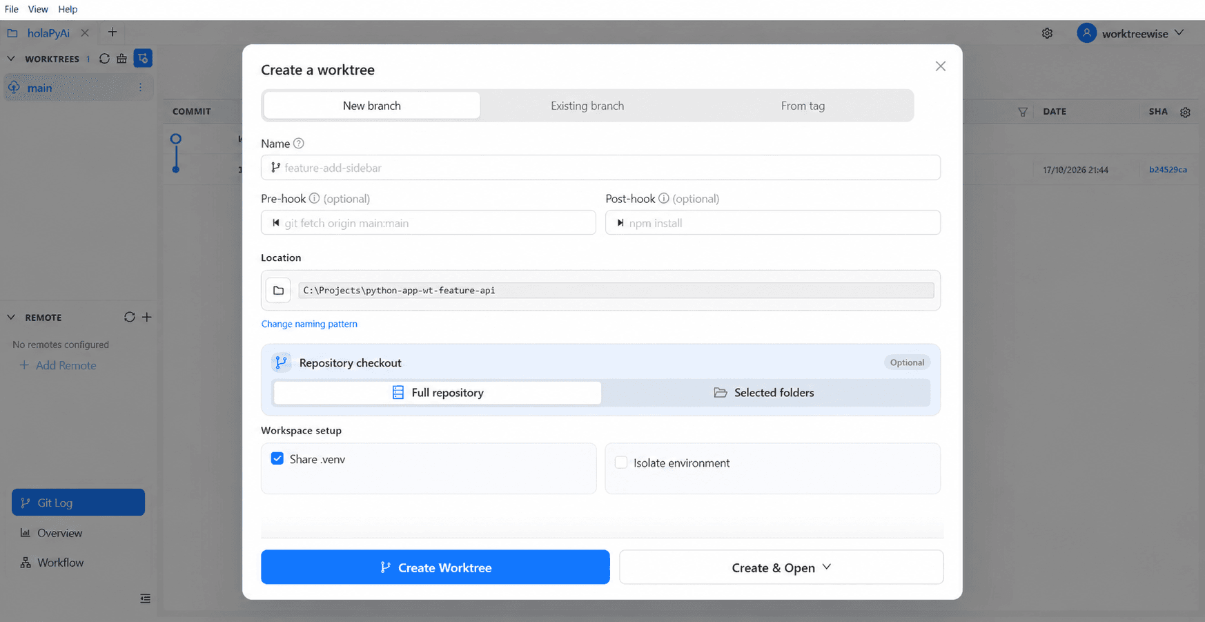 Create Worktree with Share .venv enabled