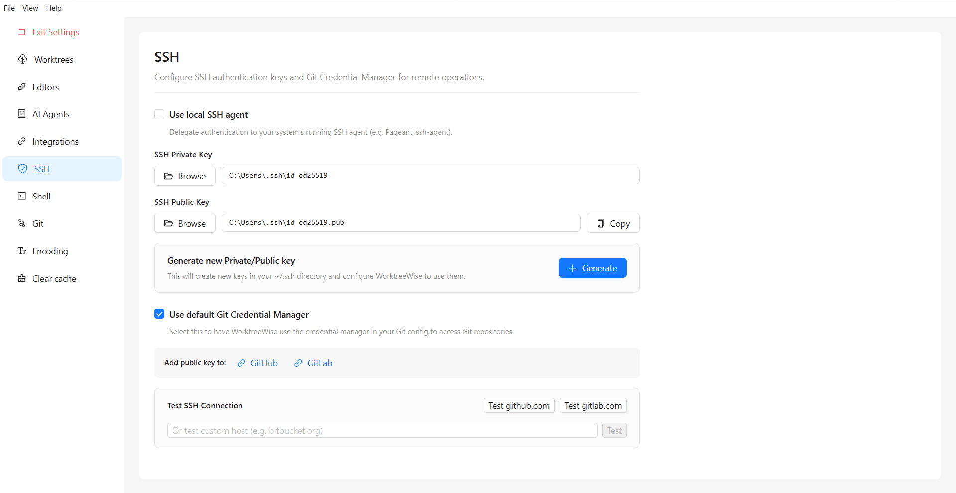 SSH settings with agent, key, credential manager, and connection-test controls